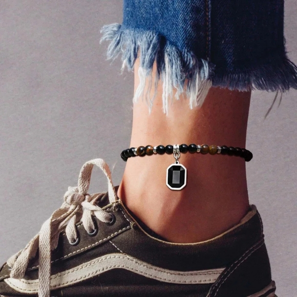 Other - Unisex Black Beaded Anklet with Gemstone Pendant